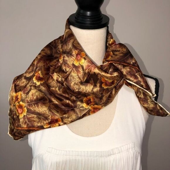 Vintage Brown Floral Square Scarf Japan 26x26 Hand Rolled - Picture 5 of 6